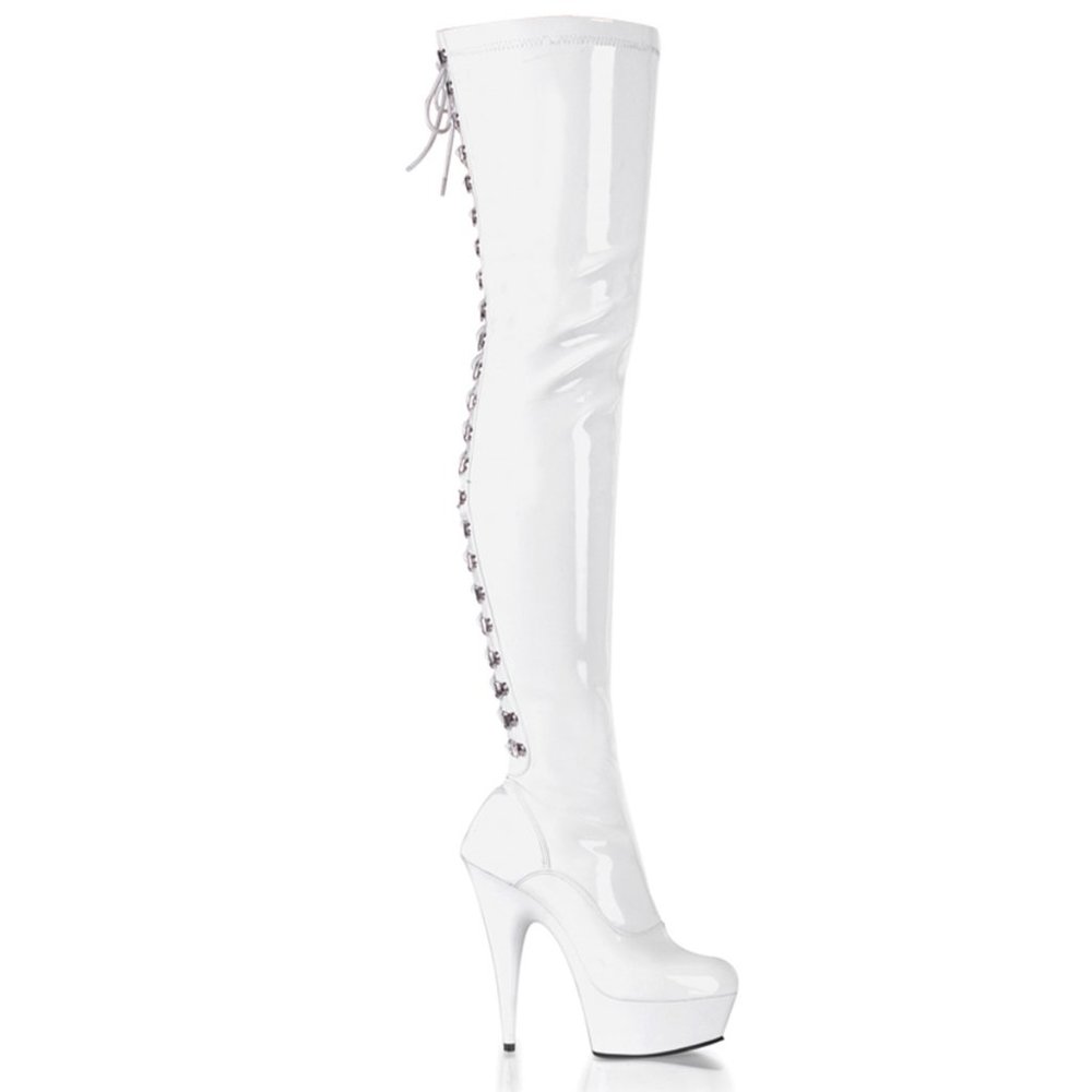 Pleaser Delight 3063 White Thigh High Platform Boots